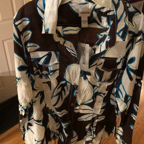 Chico’s XL 14-16 brown tropical print button down shirt pockets Chico’s size 3 - Picture 4 of 8